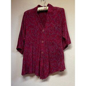 Flamm Wien Linen Viscose V-Neck 3/4 Sleeve Flowy Top Red Printed Size Medium